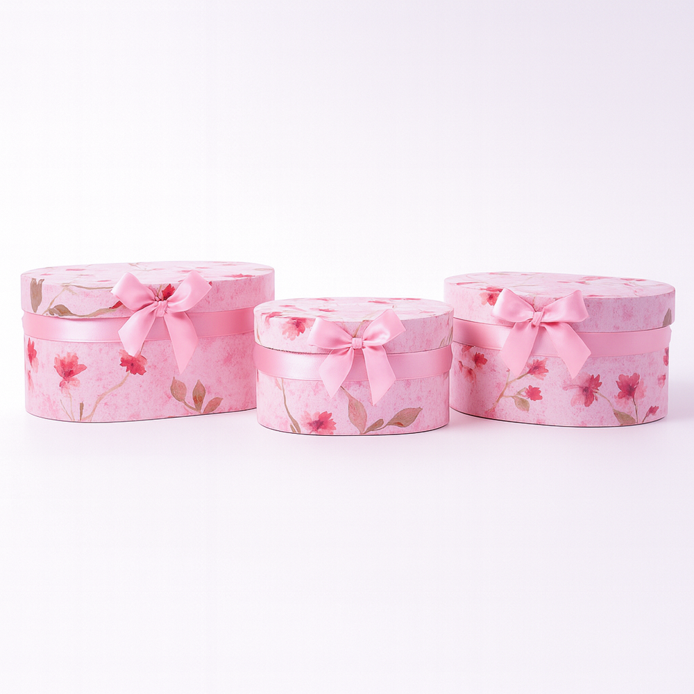 Set 3 cutii ovale din carton cu print floral, culoare roz - ROC 5905