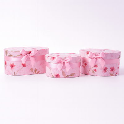 Set 3 cutii ovale din carton cu print floral, culoare roz - ROC 5905