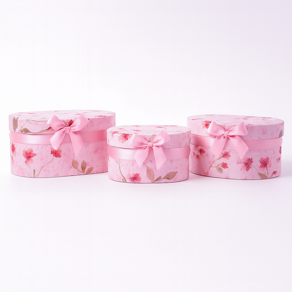 Set 3 cutii ovale din carton cu print floral, culoare roz - ROC 5905