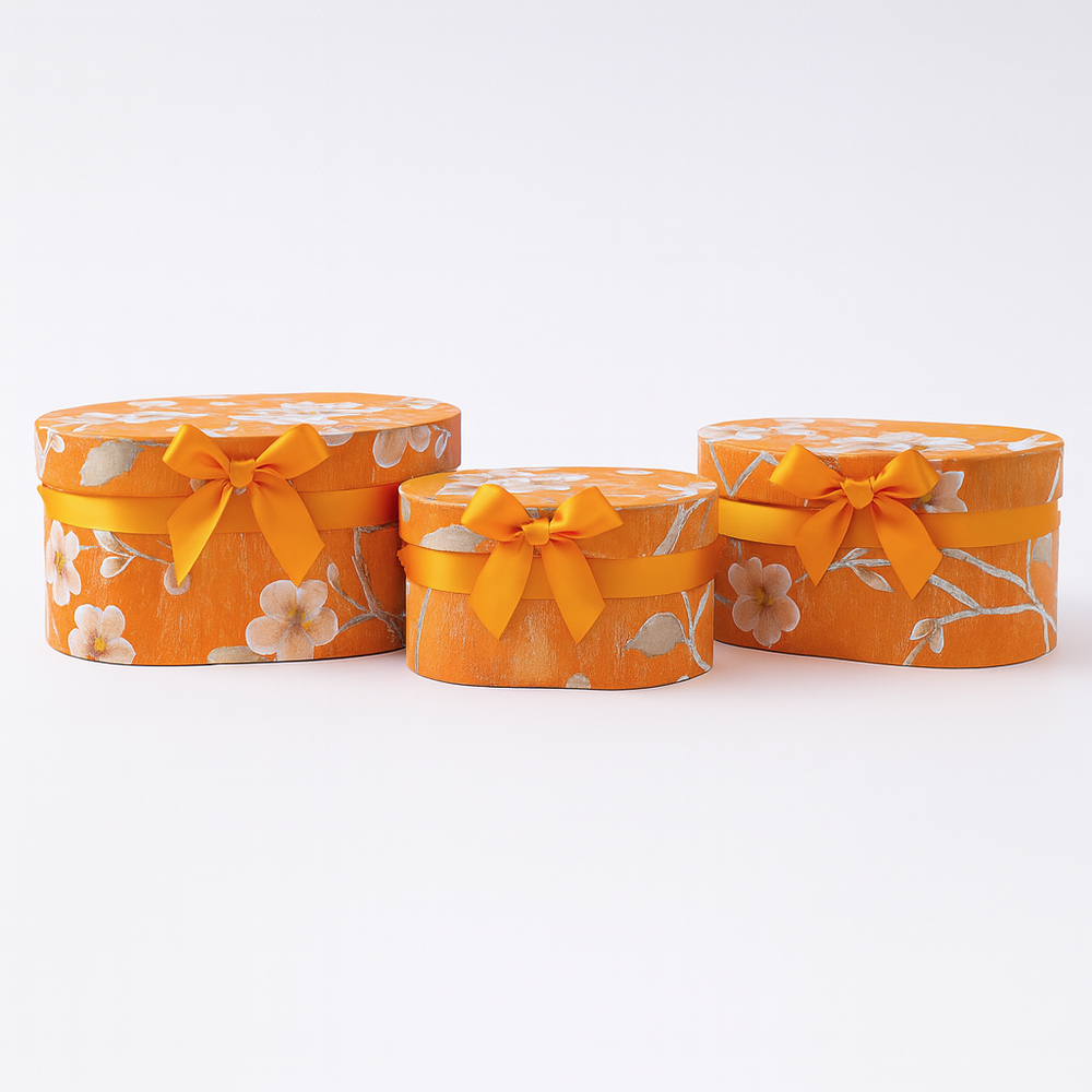 Set 3 cutii ovale din carton cu print floral, culoare portocaliu - ROC 5905