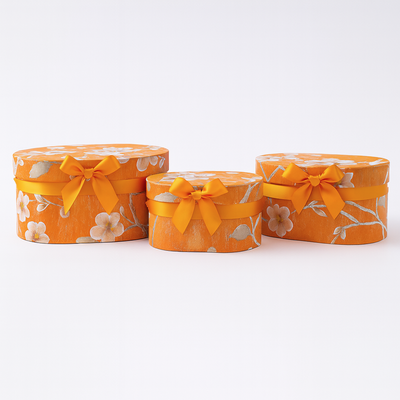 Set 3 cutii ovale din carton cu print floral, culoare portocaliu - ROC 5905