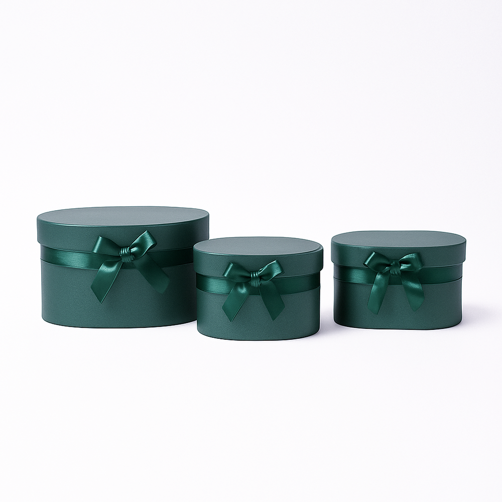 Set 3 cutii ovale din carton pentru aranjamente florale, culoare verde închis - ROC 5905