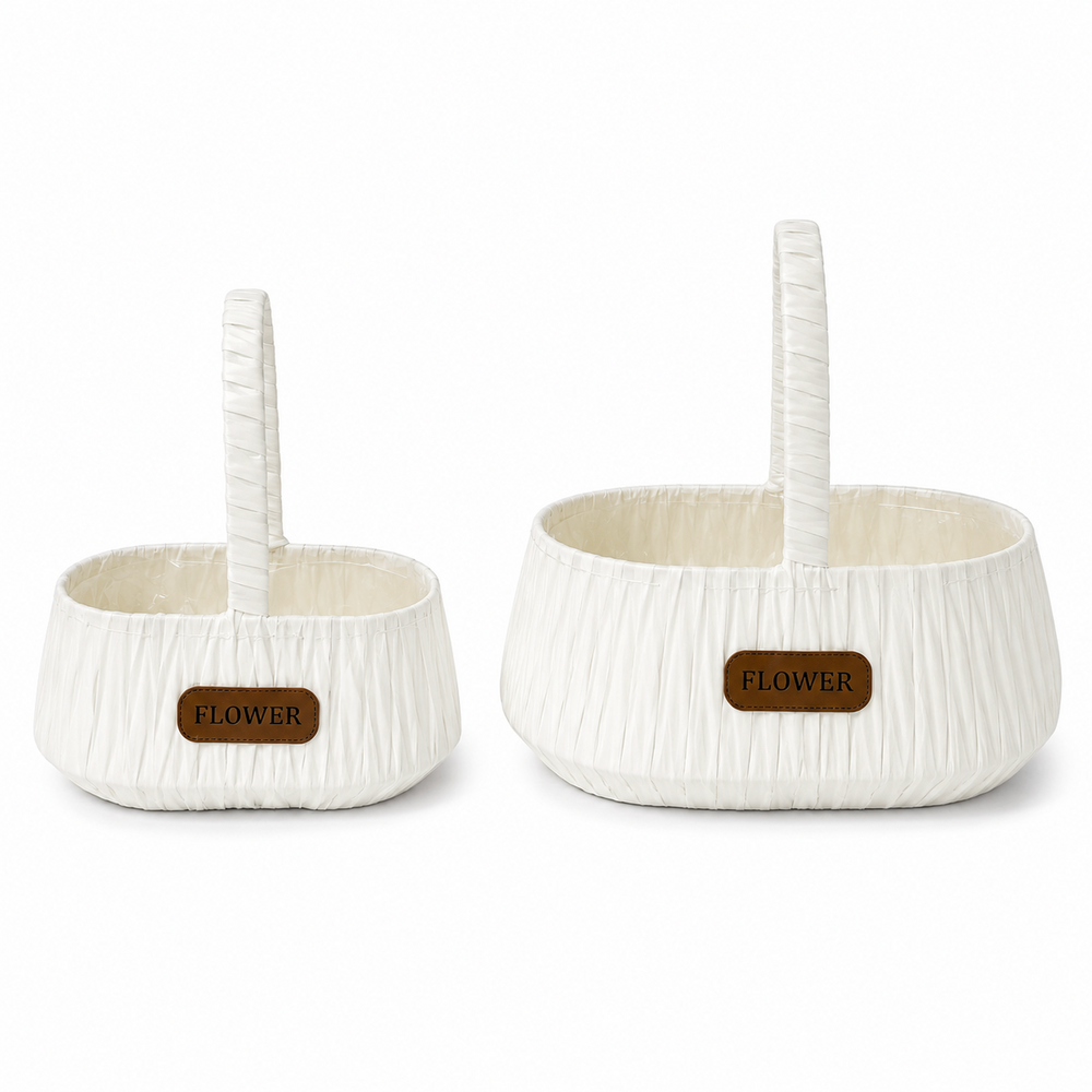 Set 2 coșuri decorative ovale din PVC cu mâner, culoare alb - ROC CO38