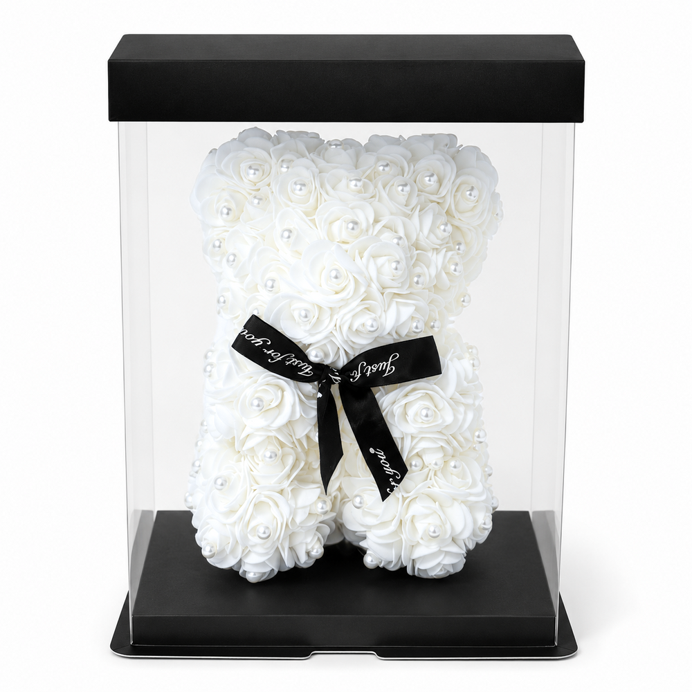 Ursuleț din Trandafiri de Spumă cu Perle în Cutie Transparentă, 25 cm, culoare alb - ROC 065