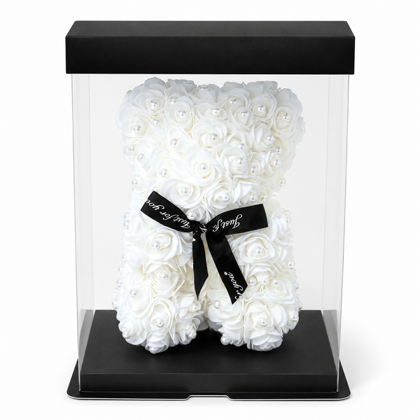 Ursuleț din Trandafiri de Spumă cu Perle în Cutie Transparentă, 25 cm, culoare alb - ROC 065