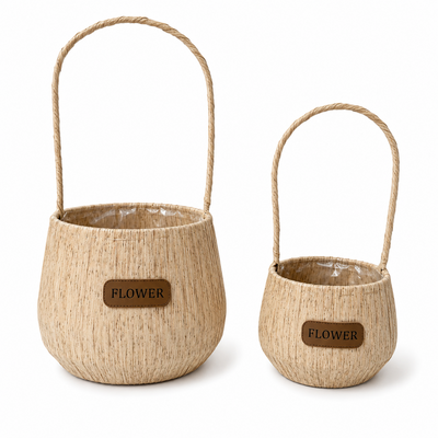 Set de 2 cestas decorativas redondas para flores de PVC con asa, color marrón