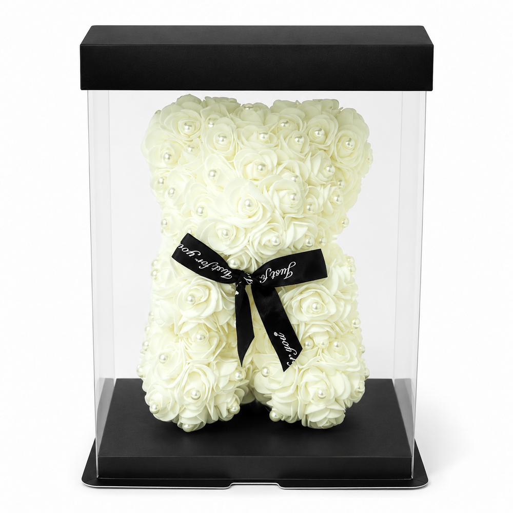 Ursuleț din Trandafiri de Spumă cu Perle în Cutie Transparentă, 25 cm, culoare crem - ROC 065
