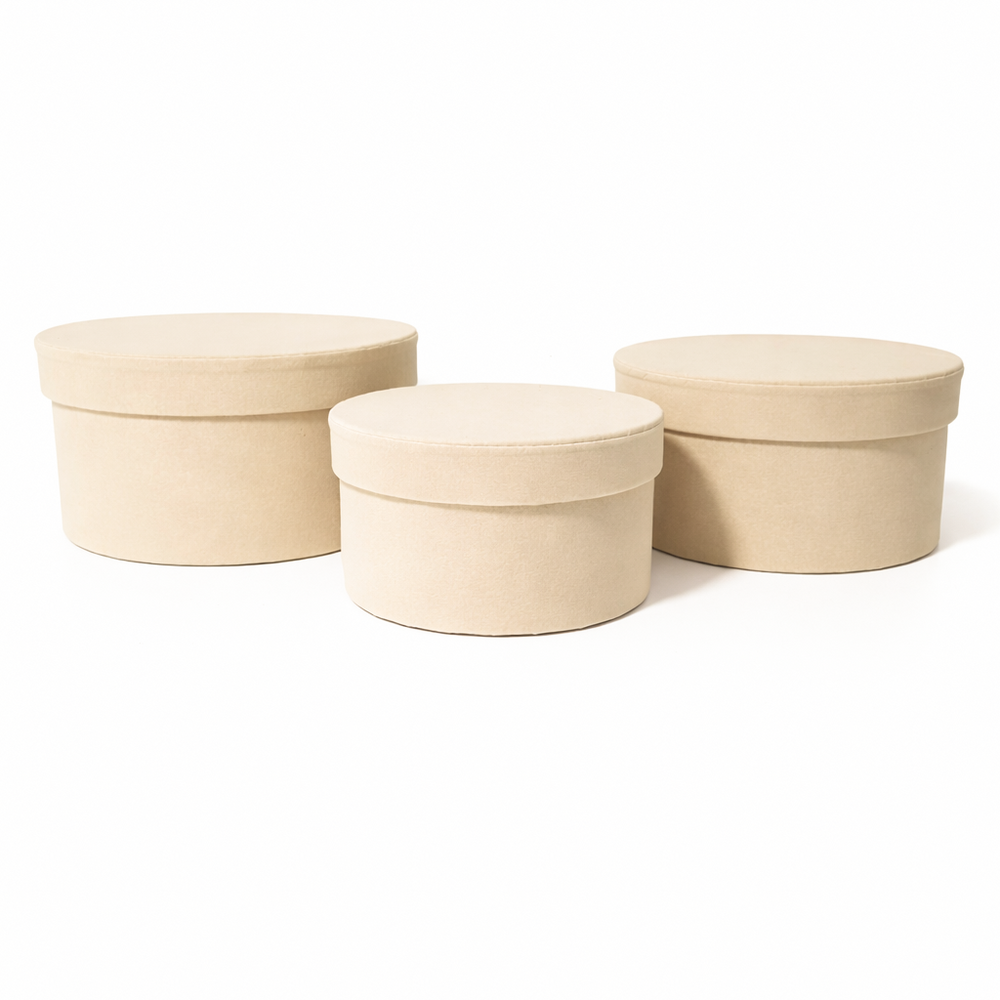 Set 3 cutii rotunde învelite în catifea, culoare crem B10 - ROC 920