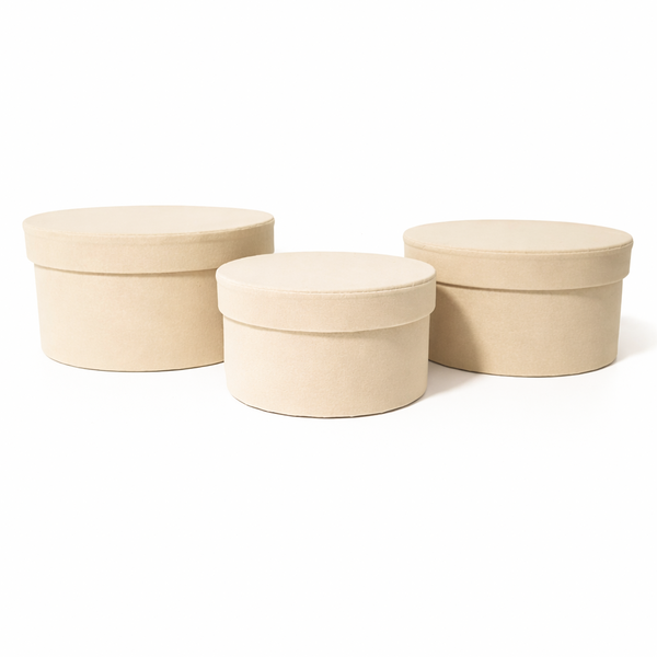 Set 3 cutii rotunde învelite în catifea, culoare crem B10 - ROC 920