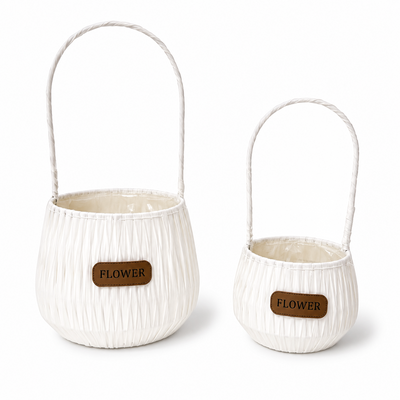 Set 2 coșuri decorative rotunde pentru flori din PVC cu mâner, culoare alb - ROC CO38