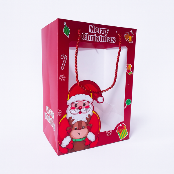Set 10 pungi cu fereastră, model Moș Crăciun, culoare roșu, 30 cm - ROC A15
