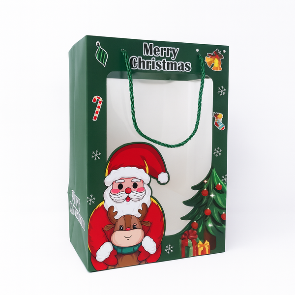 Set 10 pungi cu fereastră, model Moș Crăciun, culoare verde, 30 cm - ROC A15