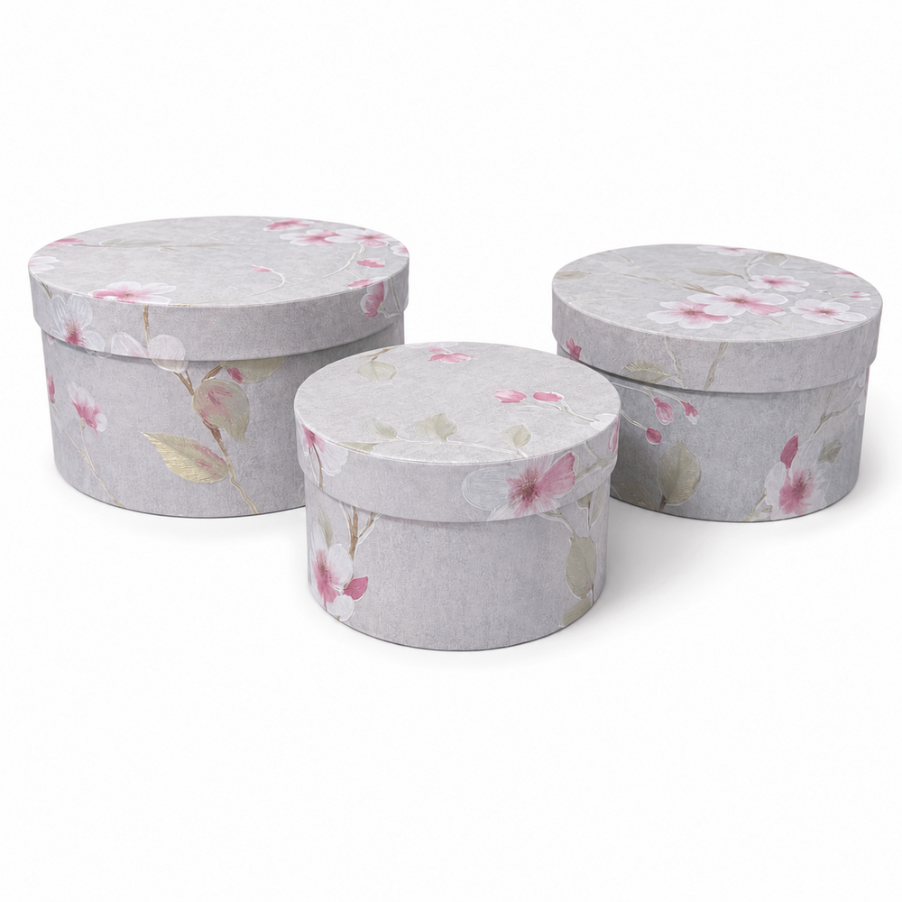 Set 3 cutii rotunde din carton cu print floral, culoare gri - ROC 5826