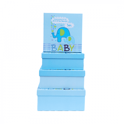 Set 4 cutii patrate cu capac din carton, print Baby elefant, culoare albastru - ROC 5294