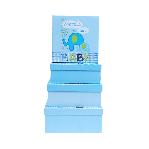 Set 4 cutii patrate cu capac din carton, print Baby elefant, culoare albastru - ROC 5294