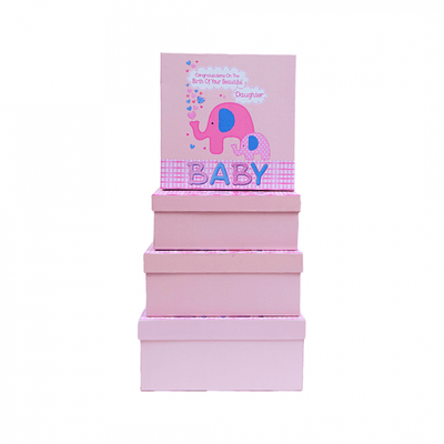 Set 4 cutii patrate cu capac din carton, print Baby elefant, culoare roz - ROC 5294