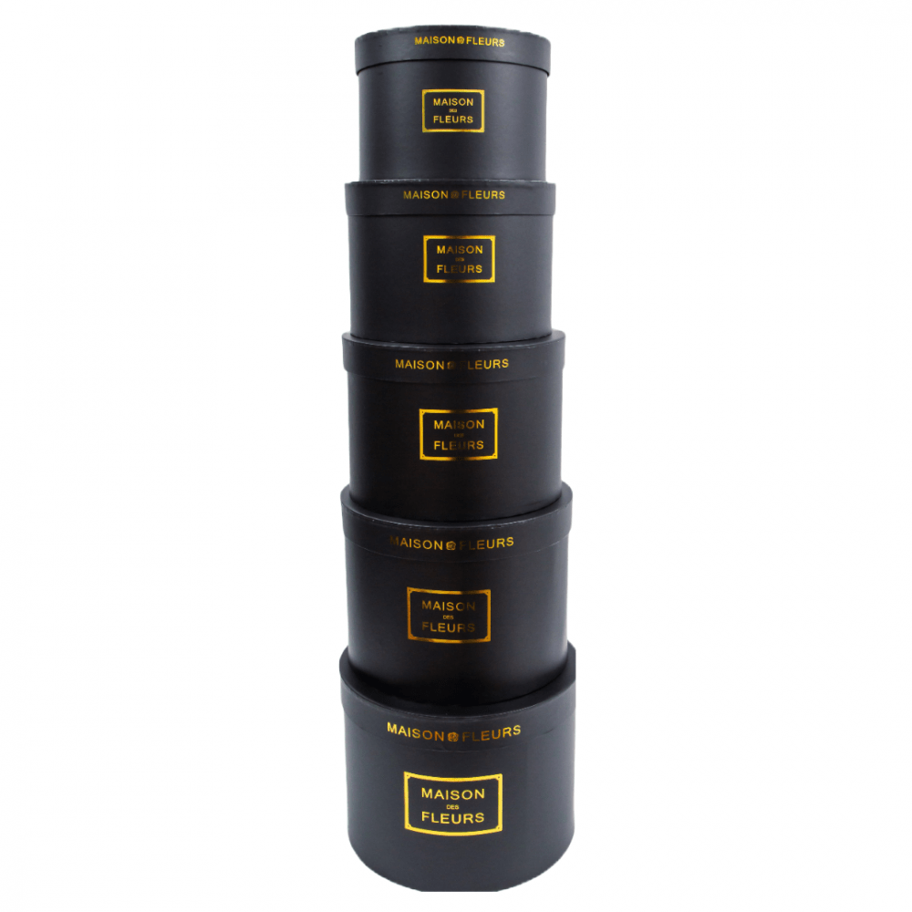 Set 5 cutii rotunde din carton cu capac cu print auriu Maison des Fleurs, culoare negru - ROC 5909