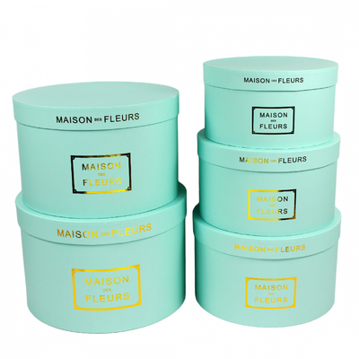 Set 5 cutii rotunde din carton cu capac Maison des Fleurs, turcoaz cu print auriu ROC 5909
