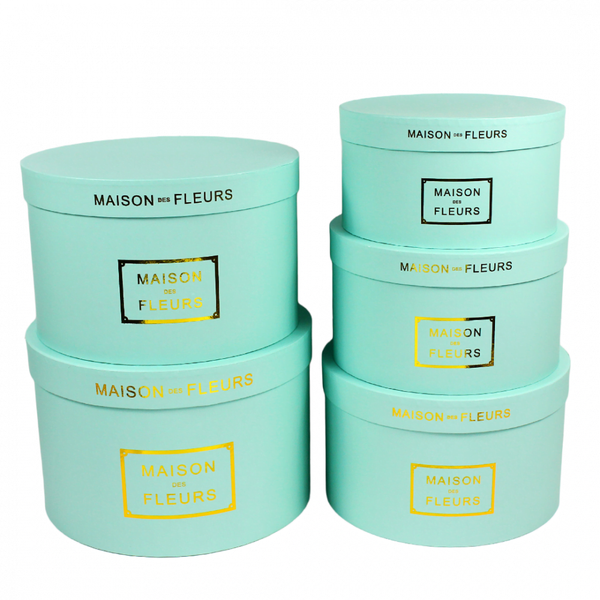 Set 5 cutii rotunde din carton cu capac Maison des Fleurs, turcoaz cu print auriu ROC 5909