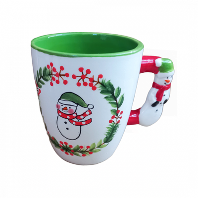 Cana din ceramica cu tematica de Craciun, verde cu om de zapada