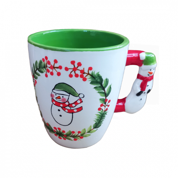 Cana din ceramica cu tematica de Craciun, verde cu om de zapada - ROC Z18