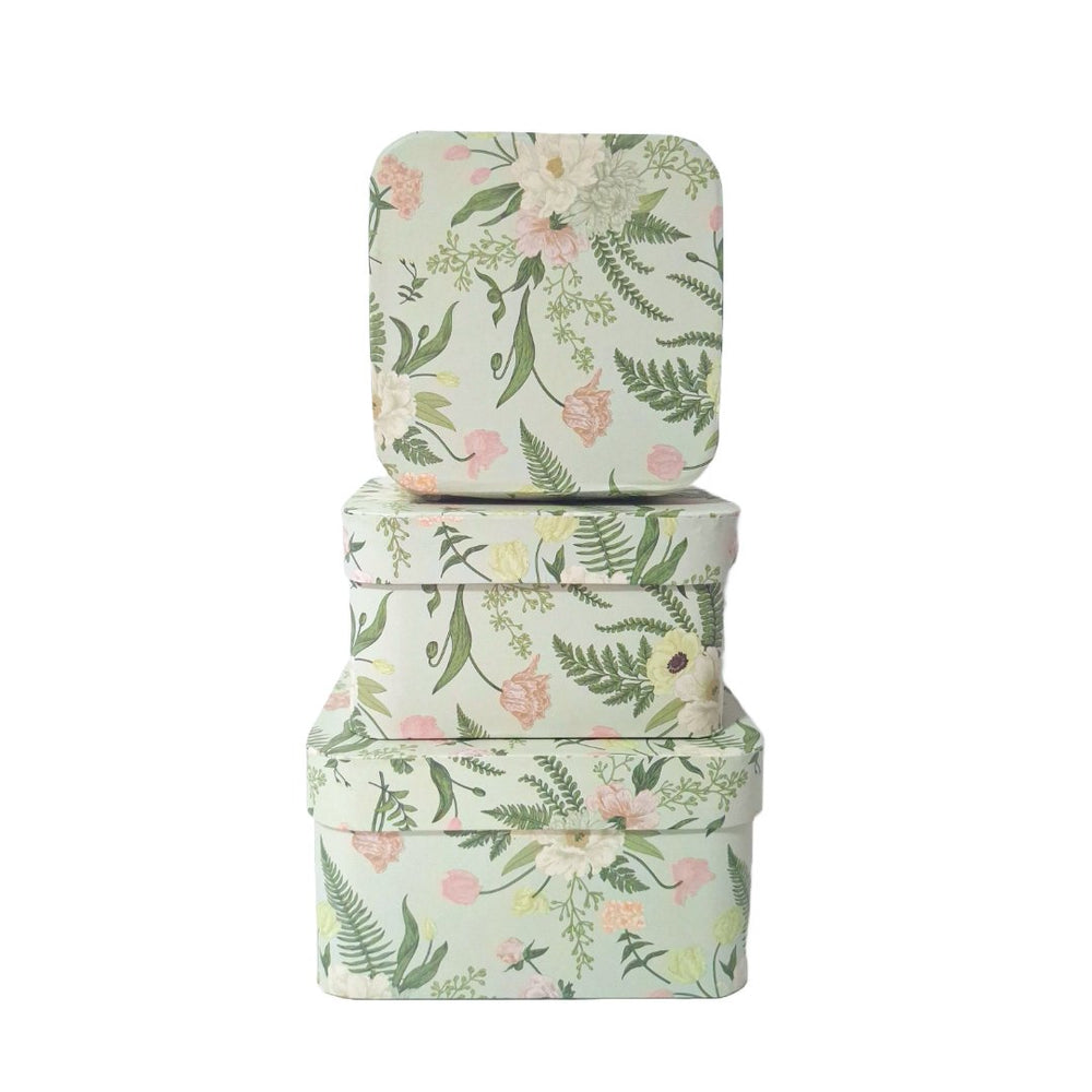 Set 3 cutii pătrate cu print floral, culoare vernil - ROC 5801