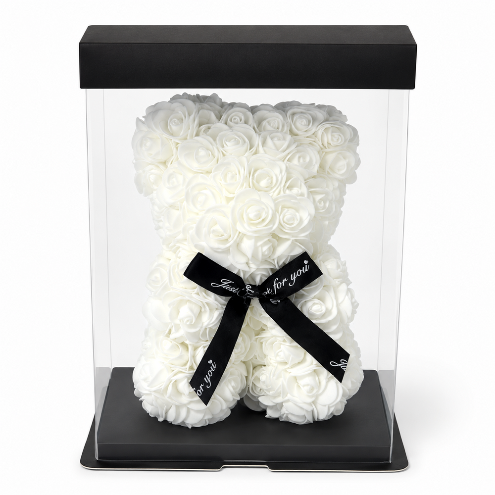 Ursuleț din trandafiri de spumă în cutie transparentă, 25 cm, culoare alb - ROC 063