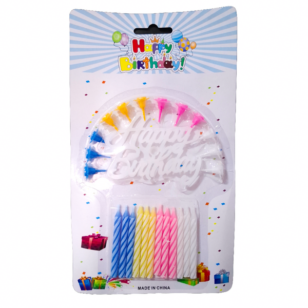 Set 12 lumânări și Topper „Happy Birthday”, pentru tort - ROC 454