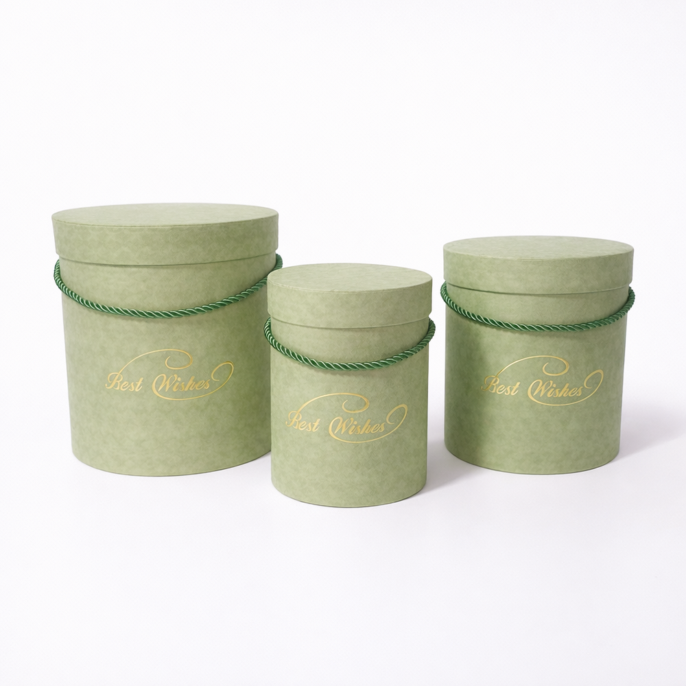 Set 3 cutii cilindru satinate cu print auriu, culoare verde - ROC 5312