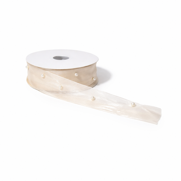 Rolă panglică organza cu perle decorative, 3.5 cm, culoare crem - ROC 0848