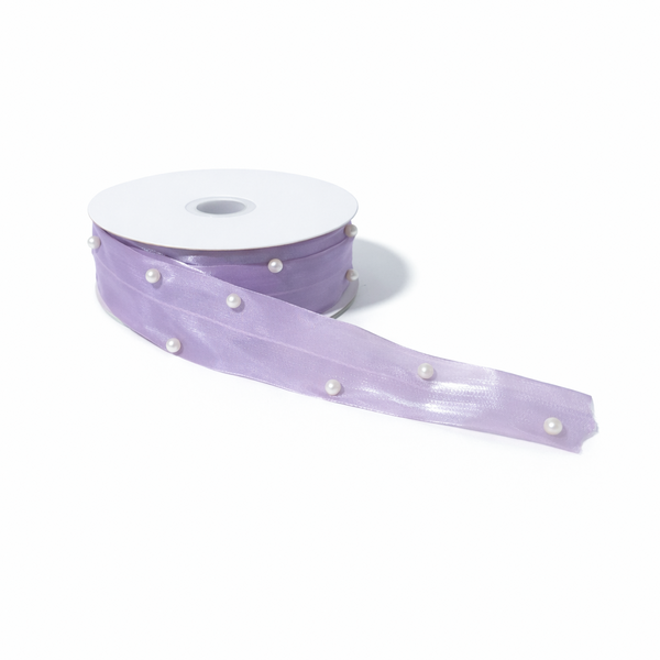 Rolă panglică organza cu perle decorative, 3.5 cm, culoare lila - ROC 0848