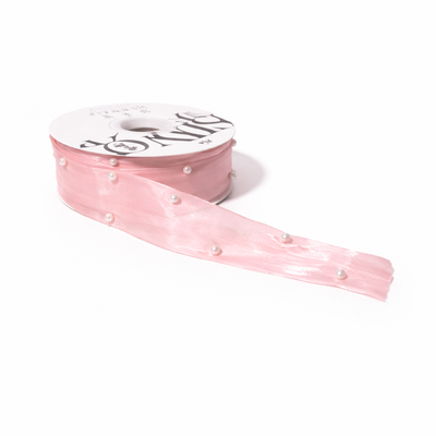 Rolă panglică organza cu perle decorative, 3.5 cm, culoare roz deschis - ROC 0848