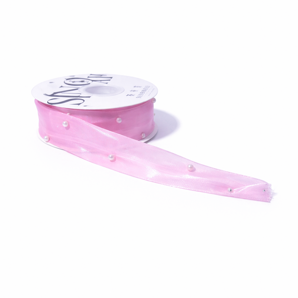 Rolă panglică organza cu perle decorative, 3.5 cm, culoare roz închis - ROC 0848