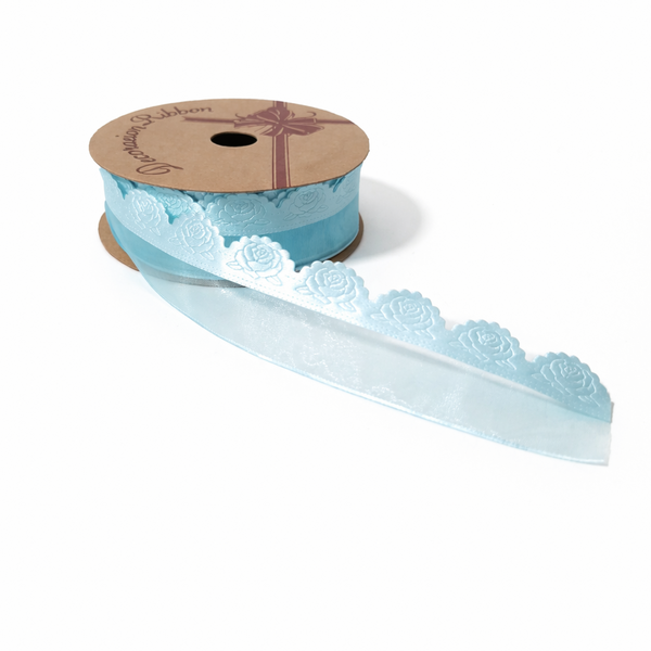 Rolă panglică organza cu margine decorativă trandafiri, culoare albastru - ROC 0855