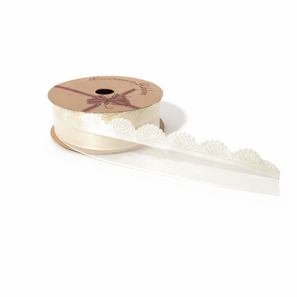 Rolă panglică organza cu margine decorativă trandafiri, culoare crem - ROC 0855