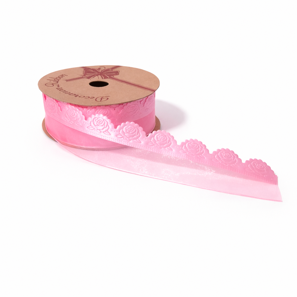 Rolă panglică organza cu margine decorativă trandafiri, culoare roz - ROC 0855