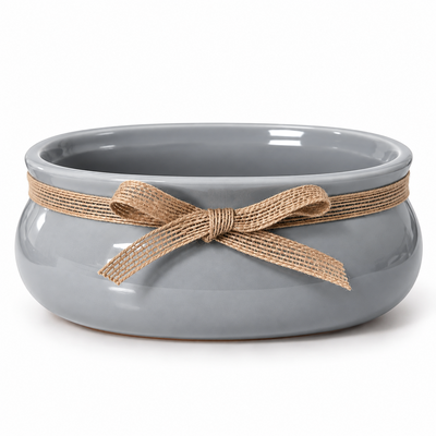 Ghiveci oval decorativ din ceramică cu fundă din iută, H 8 cm, culoare gri - ROC 123