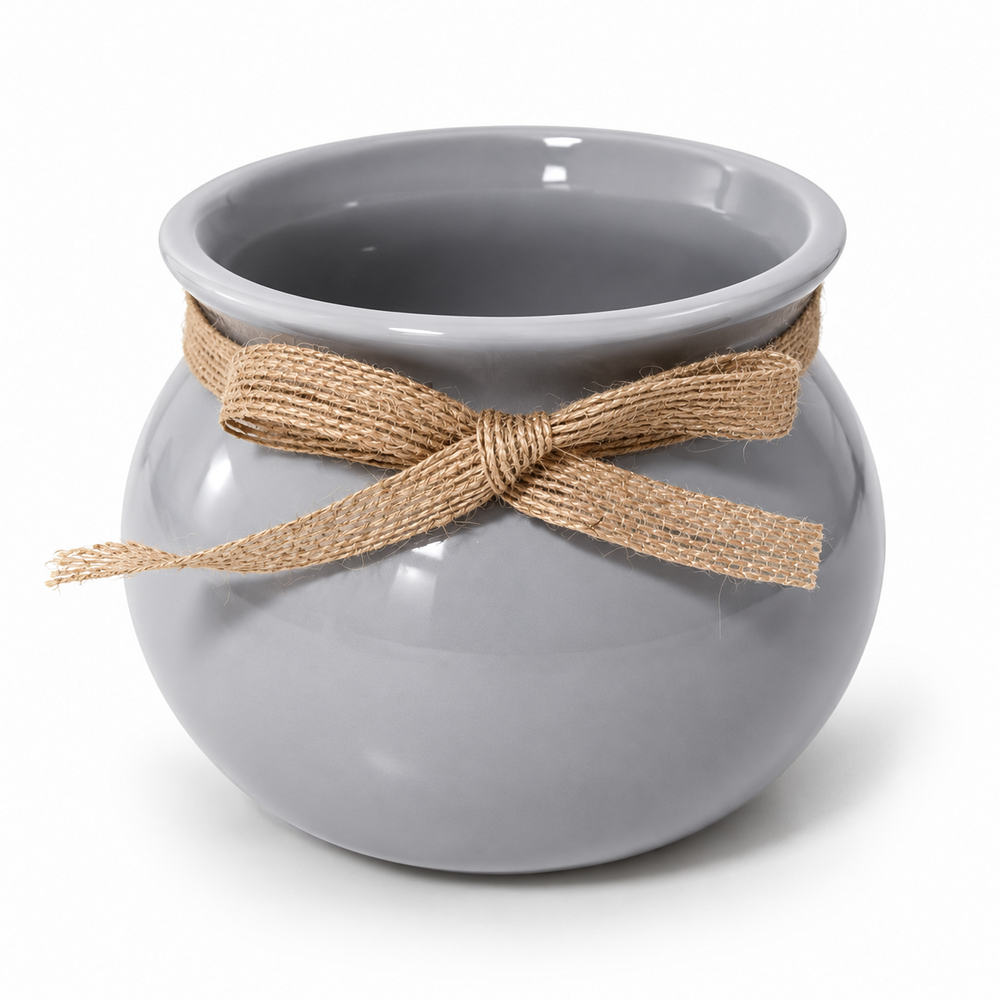Ghiveci decorativ din ceramică cu fundă din iută, H 10 cm, culoare gri — Înălțime: 10 cm
