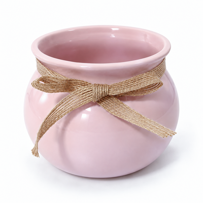 Ghiveci decorativ din ceramică cu fundă din iută, H 10 cm, culoare roz - ROC 124