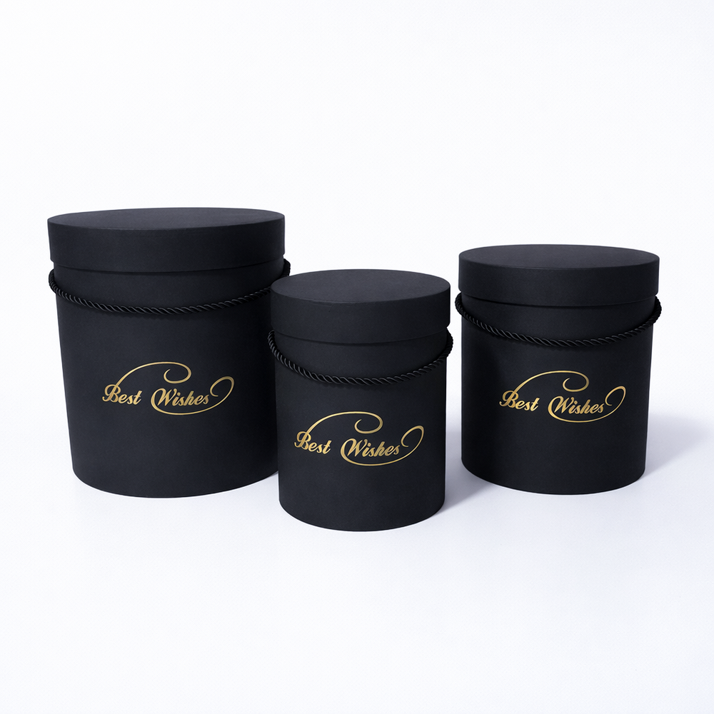 Set 3 cutii cilindru satinate cu print auriu, culoare negru - ROC 5312