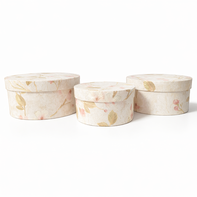 Set 3 cutii rotunde din carton cu print floral, culoare crem - ROC 5826