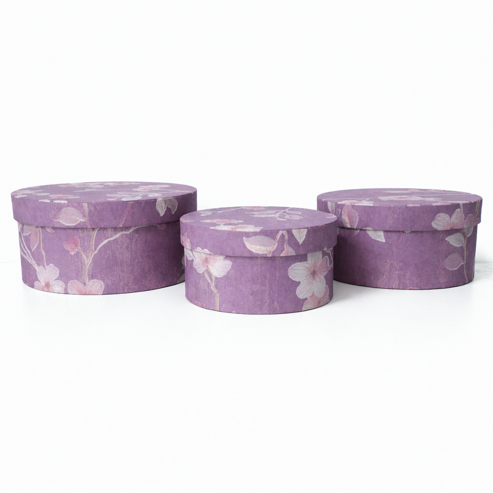 Set 3 cutii rotunde din carton cu print floral, culoare mov - ROC 5826