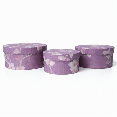 Set 3 cutii rotunde din carton cu print floral, culoare mov - ROC 5826