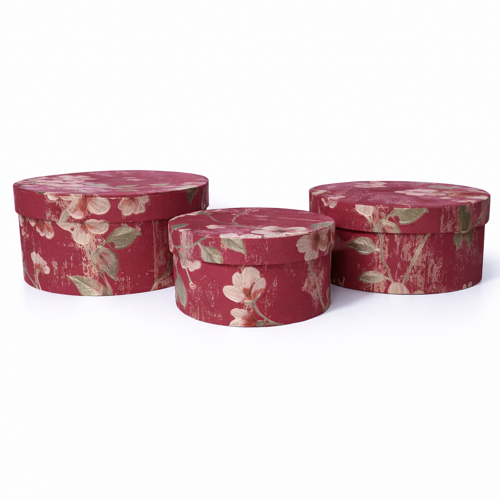 Set 3 cutii rotunde din carton cu print floral, culoare grena - ROC 5826