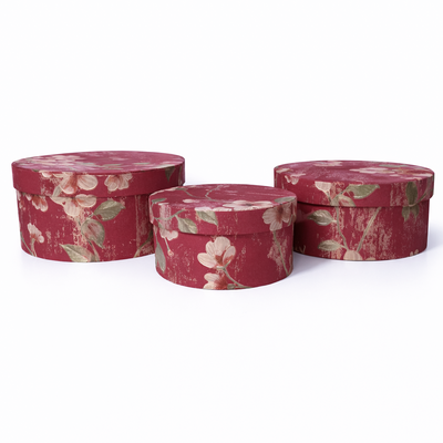 Set 3 cutii rotunde din carton cu print floral, culoare grena - ROC 5826
