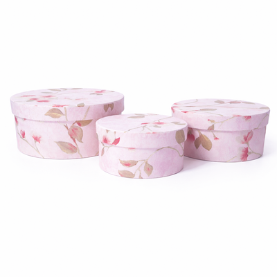 Set 3 cutii rotunde din carton cu print floral, culoare roz - ROC 5826
