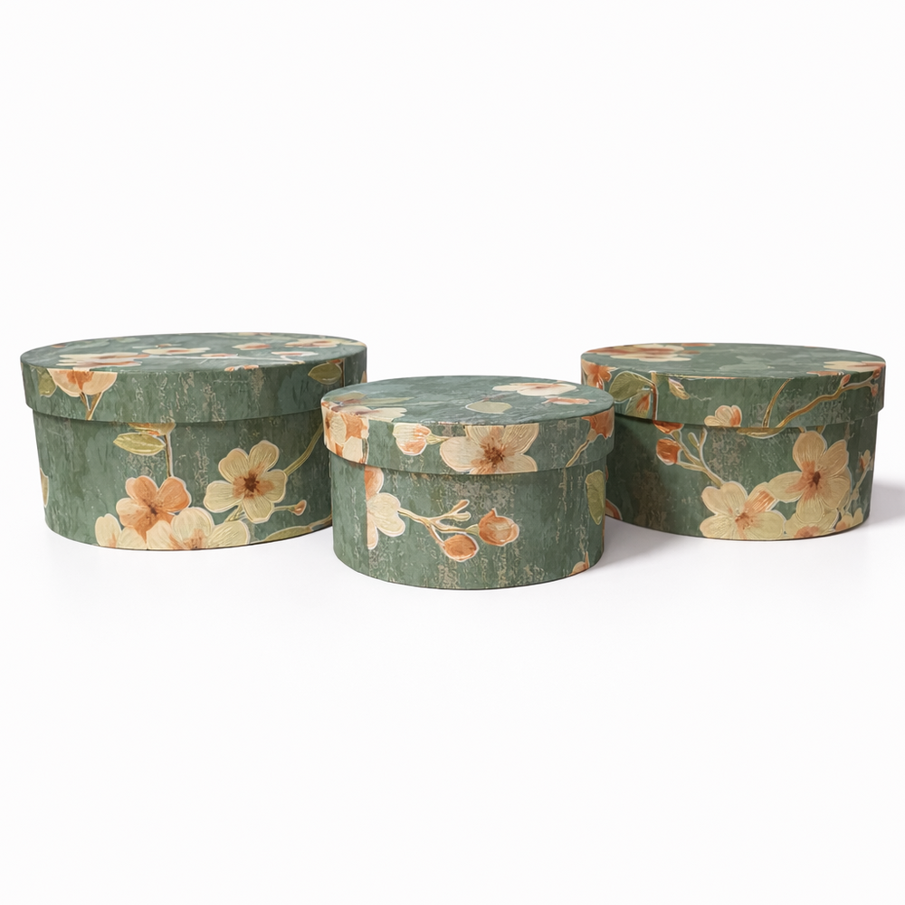 Set 3 cutii rotunde din carton cu print floral, culoare verde - ROC 5826