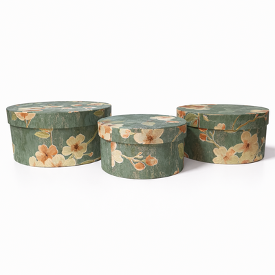 Set 3 cutii rotunde din carton cu print floral, culoare verde - ROC 5826
