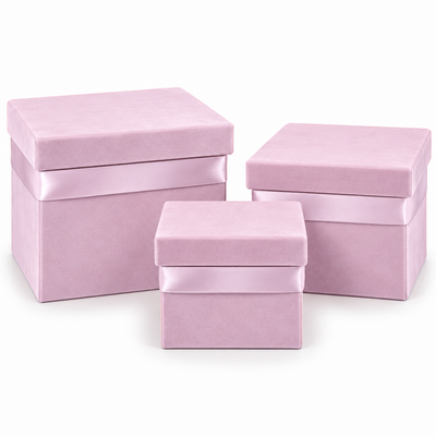 3 quadratische, mit Samt bezogene Schachteln, Farbe Rosa A3