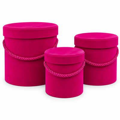 Set aus 3 zylinderförmigen, mit Samt und Kordel umhüllten Schachteln, Farbe Zyklamen E11